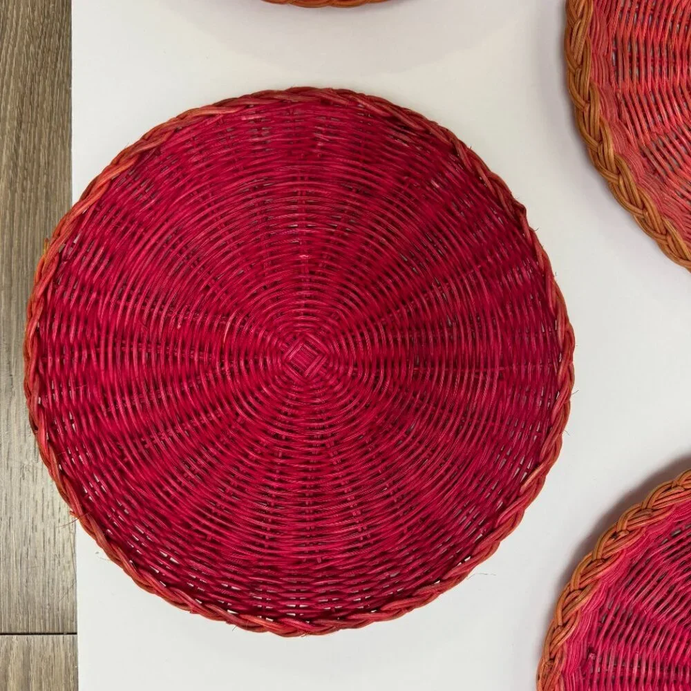 4 Vintage Red / Pink Wicker Rattan Woven Natural Plate Basket Boho Wall Decor